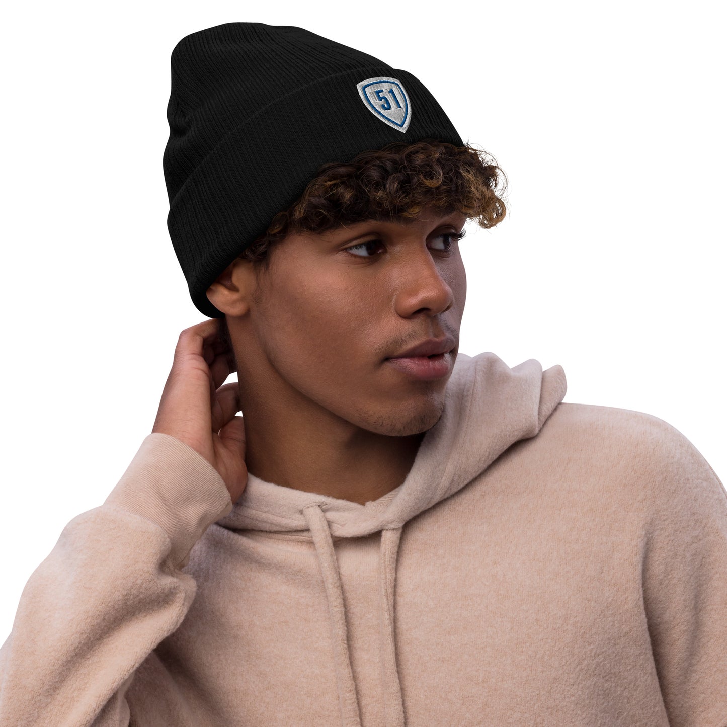 White/Blue Shield 51 Ribbed knit beanie