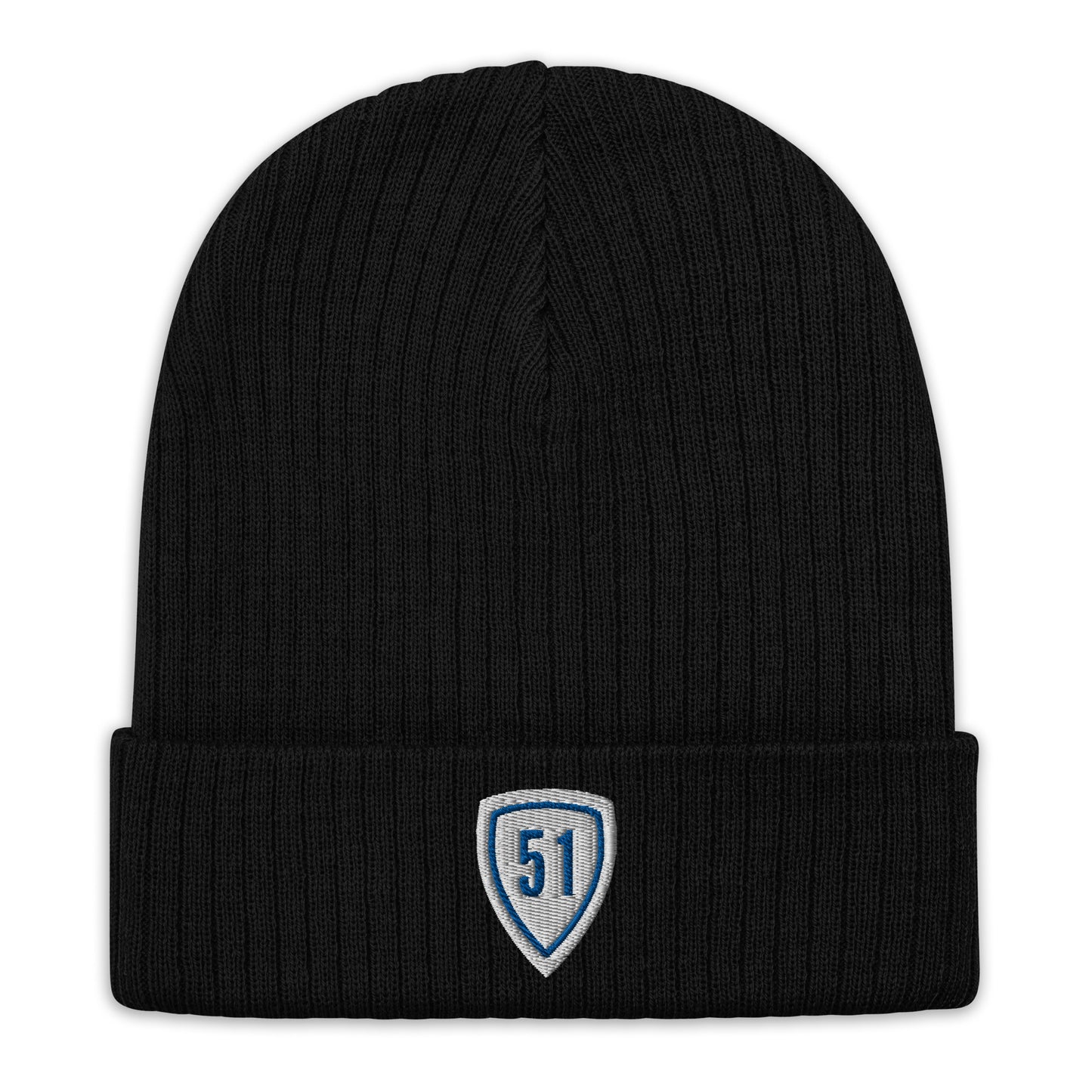 White/Blue Shield 51 Ribbed knit beanie