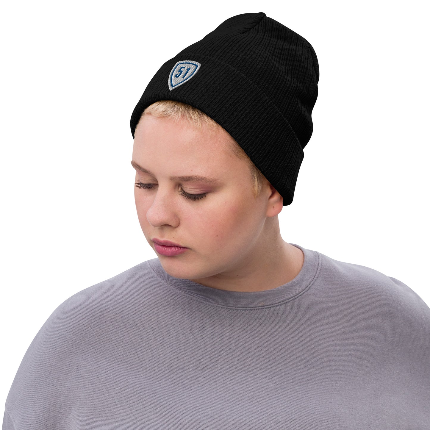 White/Blue Shield 51 Ribbed knit beanie