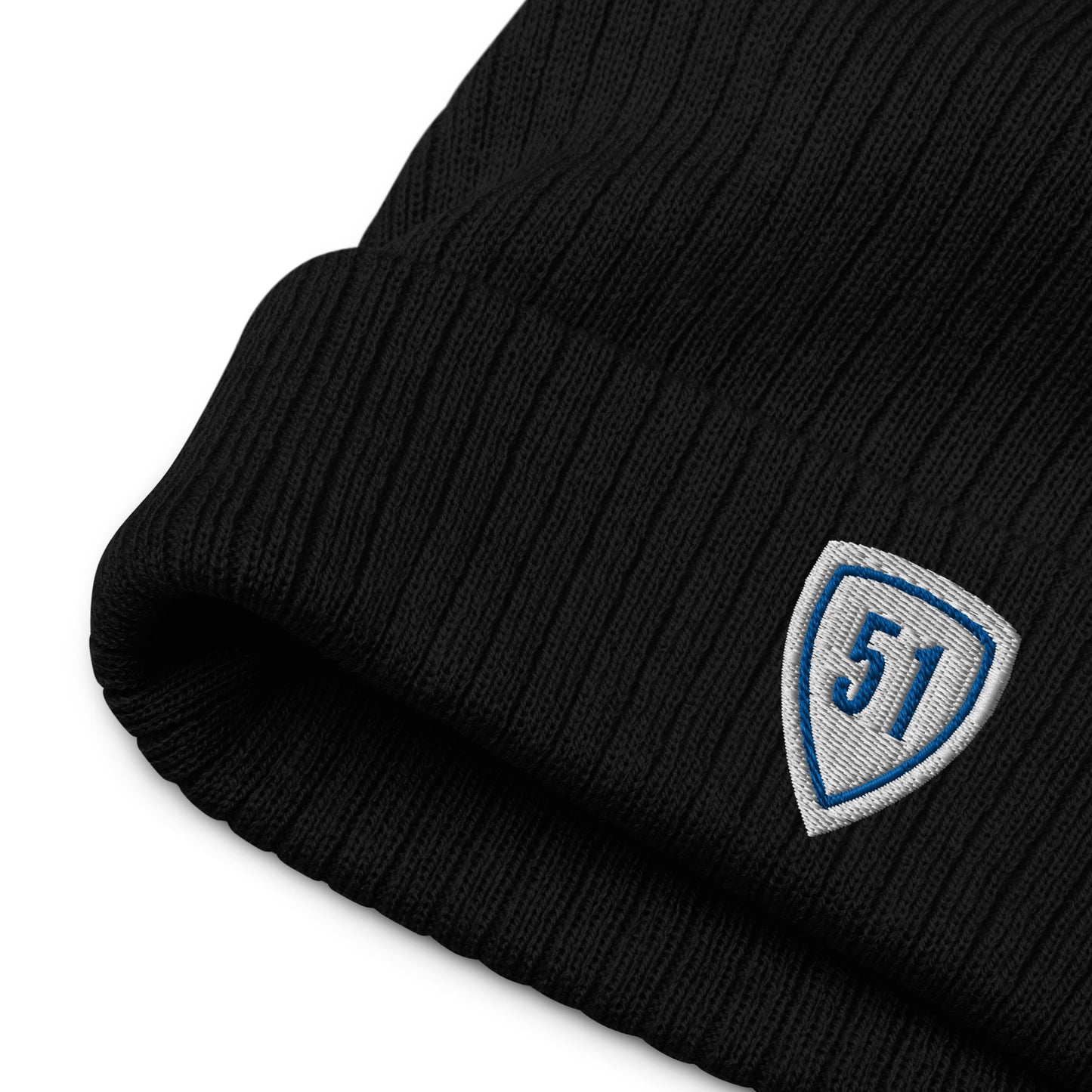 White/Blue Shield 51 Ribbed knit beanie