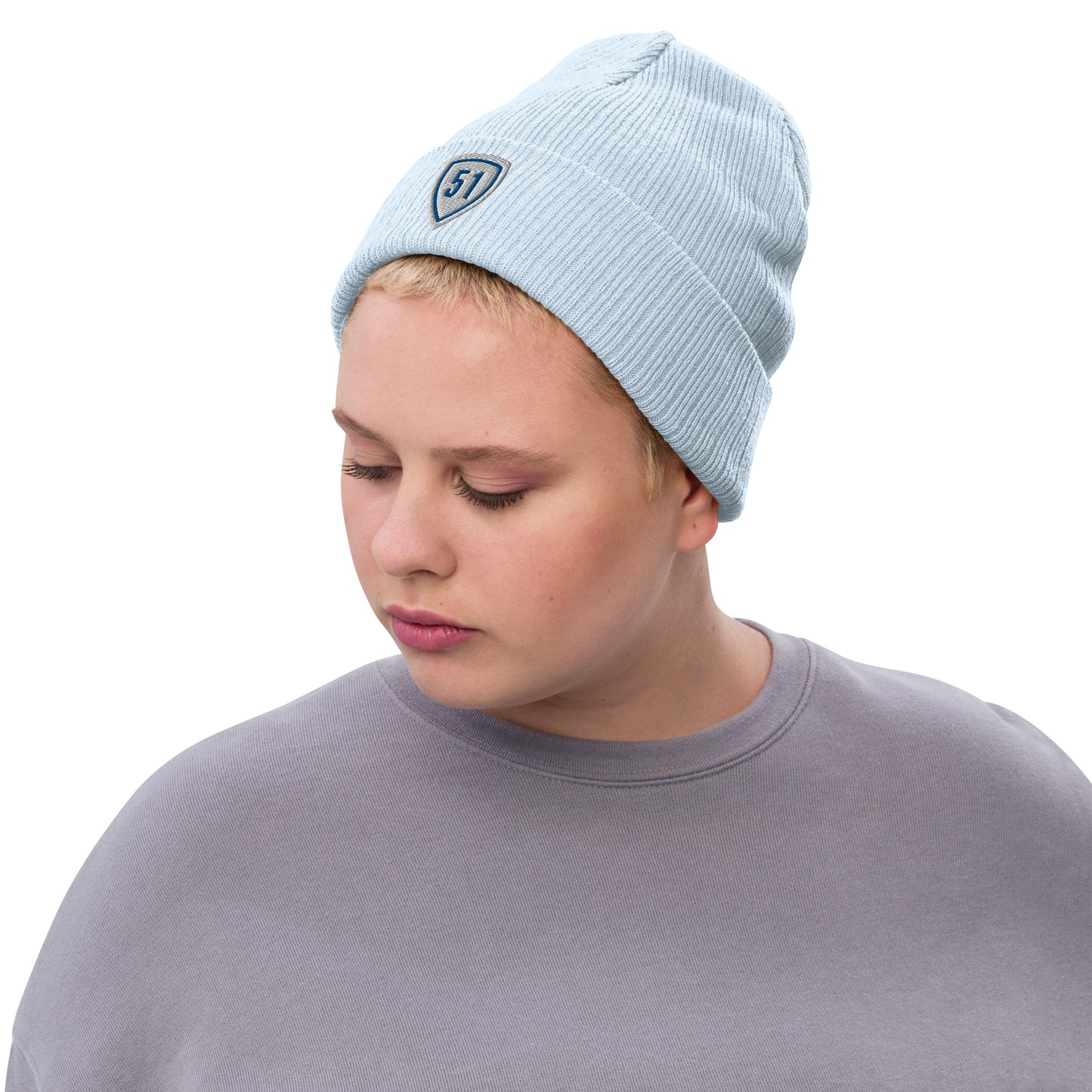 White/Blue Shield 51 Ribbed knit beanie