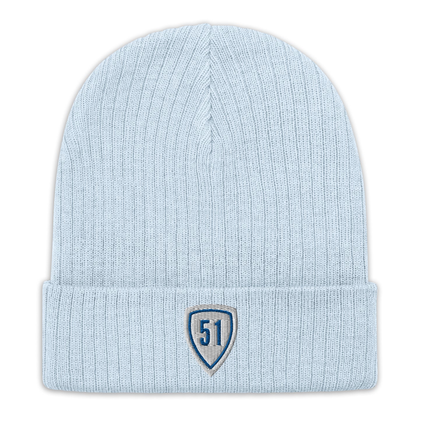 White/Blue Shield 51 Ribbed knit beanie