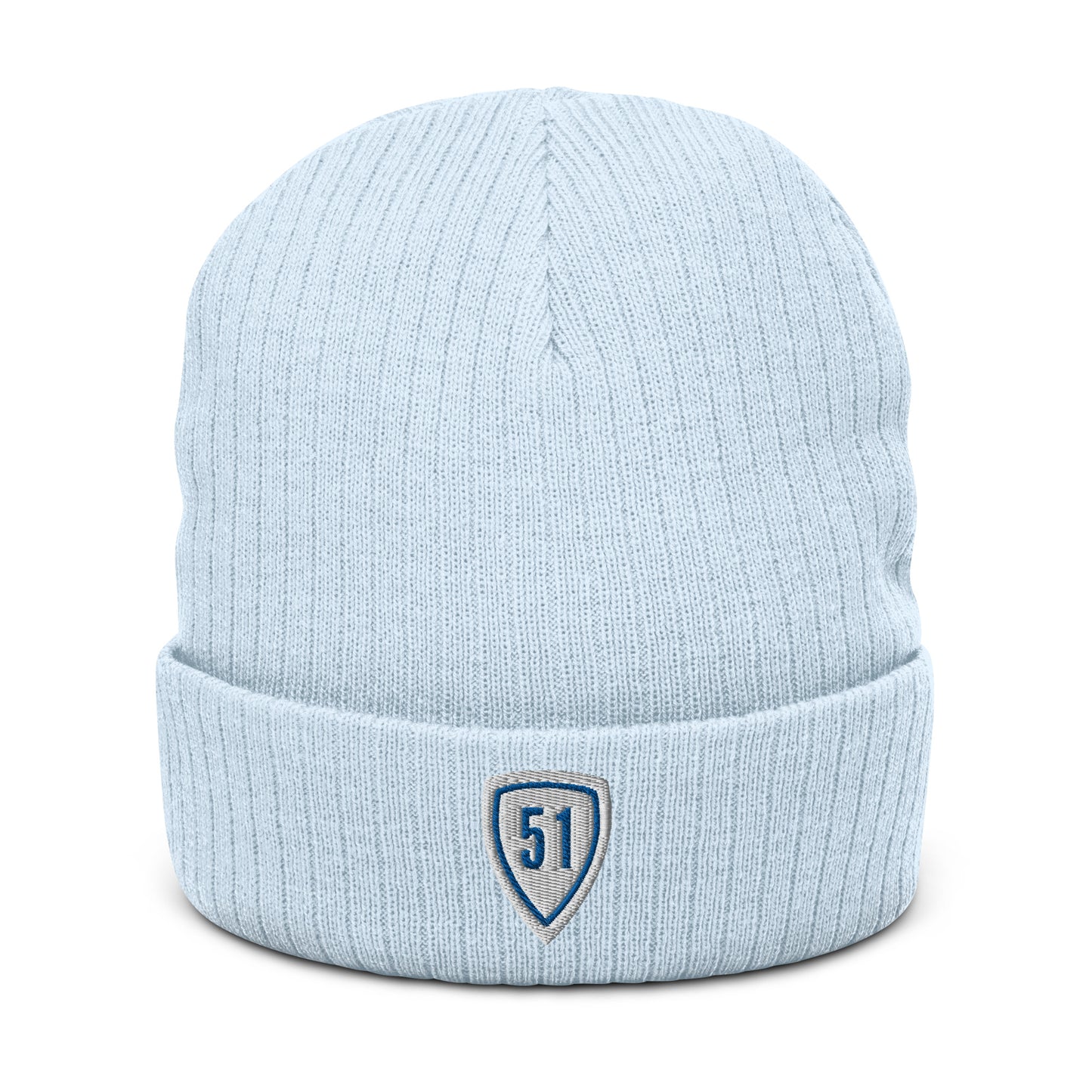 White/Blue Shield 51 Ribbed knit beanie