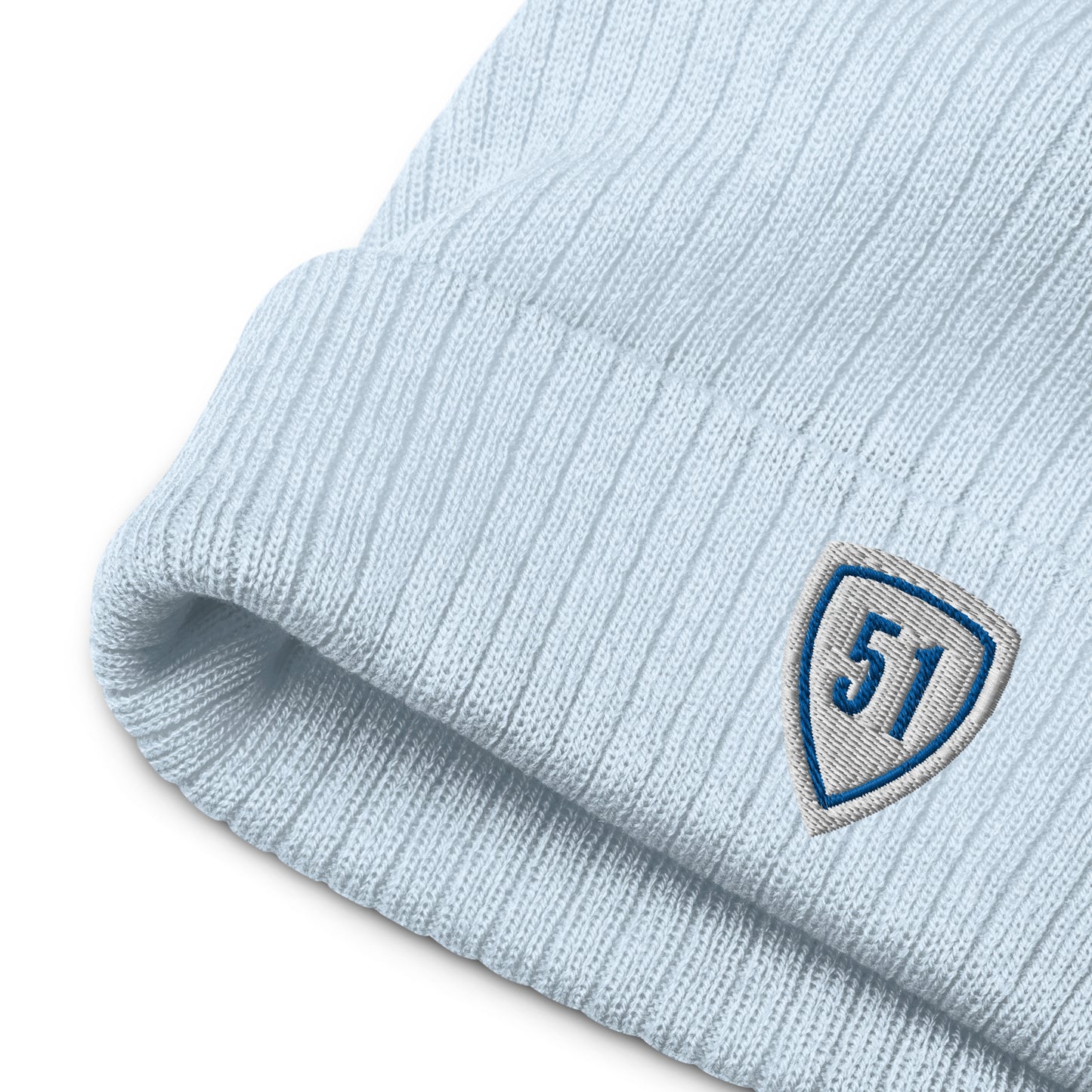 White/Blue Shield 51 Ribbed knit beanie