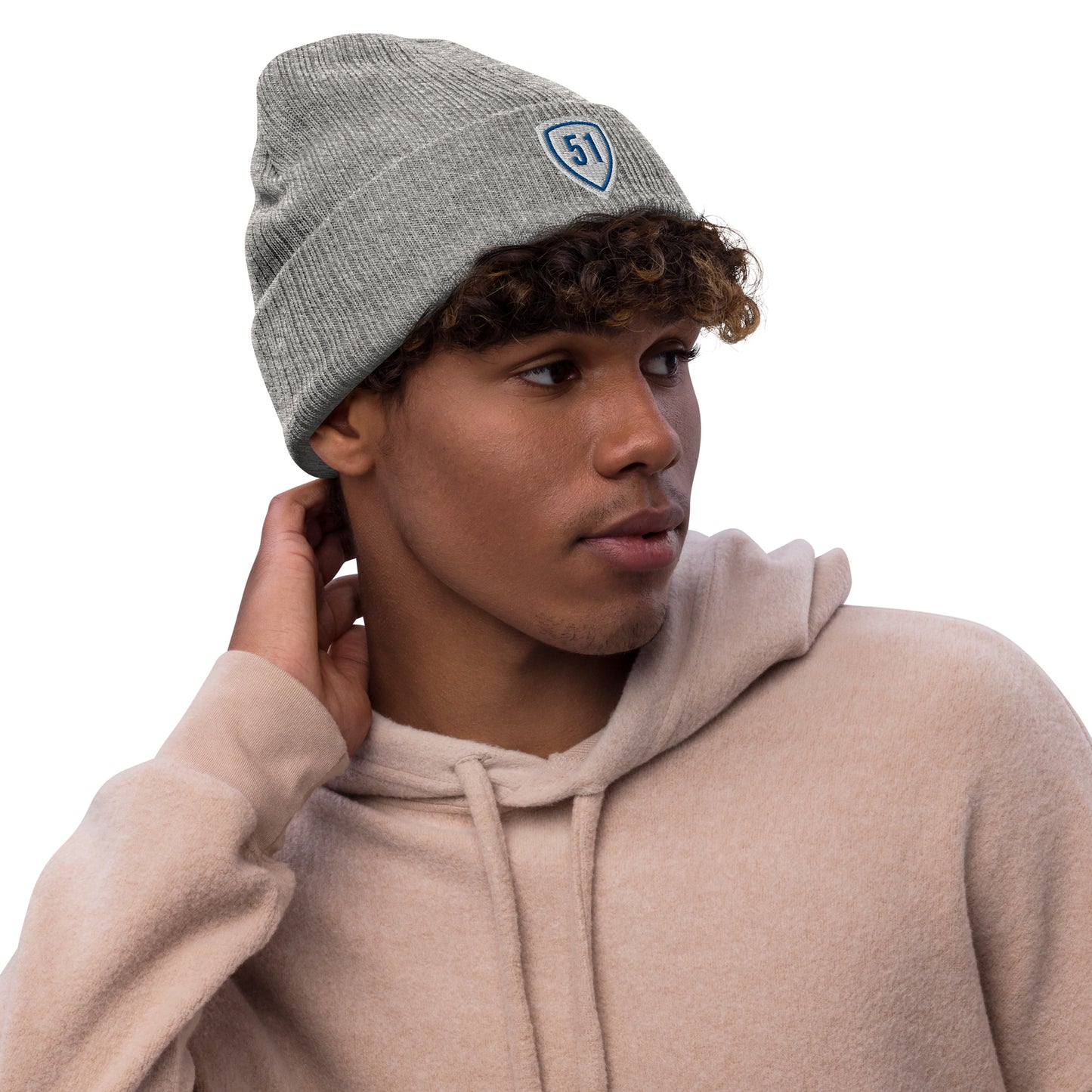 White/Blue Shield 51 Ribbed knit beanie