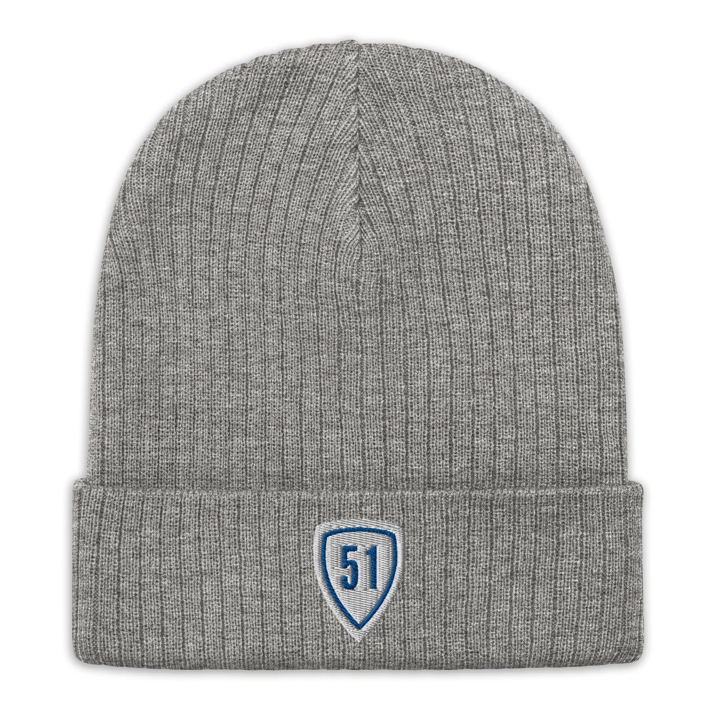 White/Blue Shield 51 Ribbed knit beanie