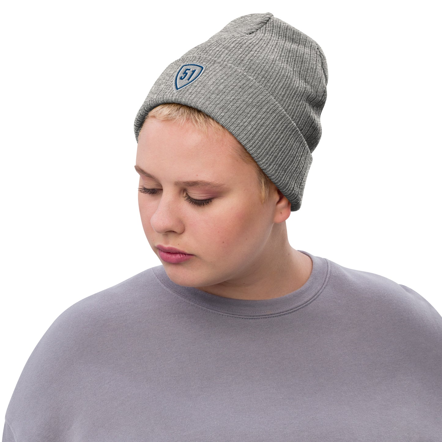 White/Blue Shield 51 Ribbed knit beanie