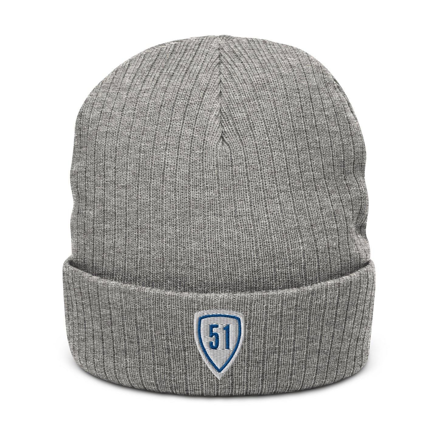 White/Blue Shield 51 Ribbed knit beanie