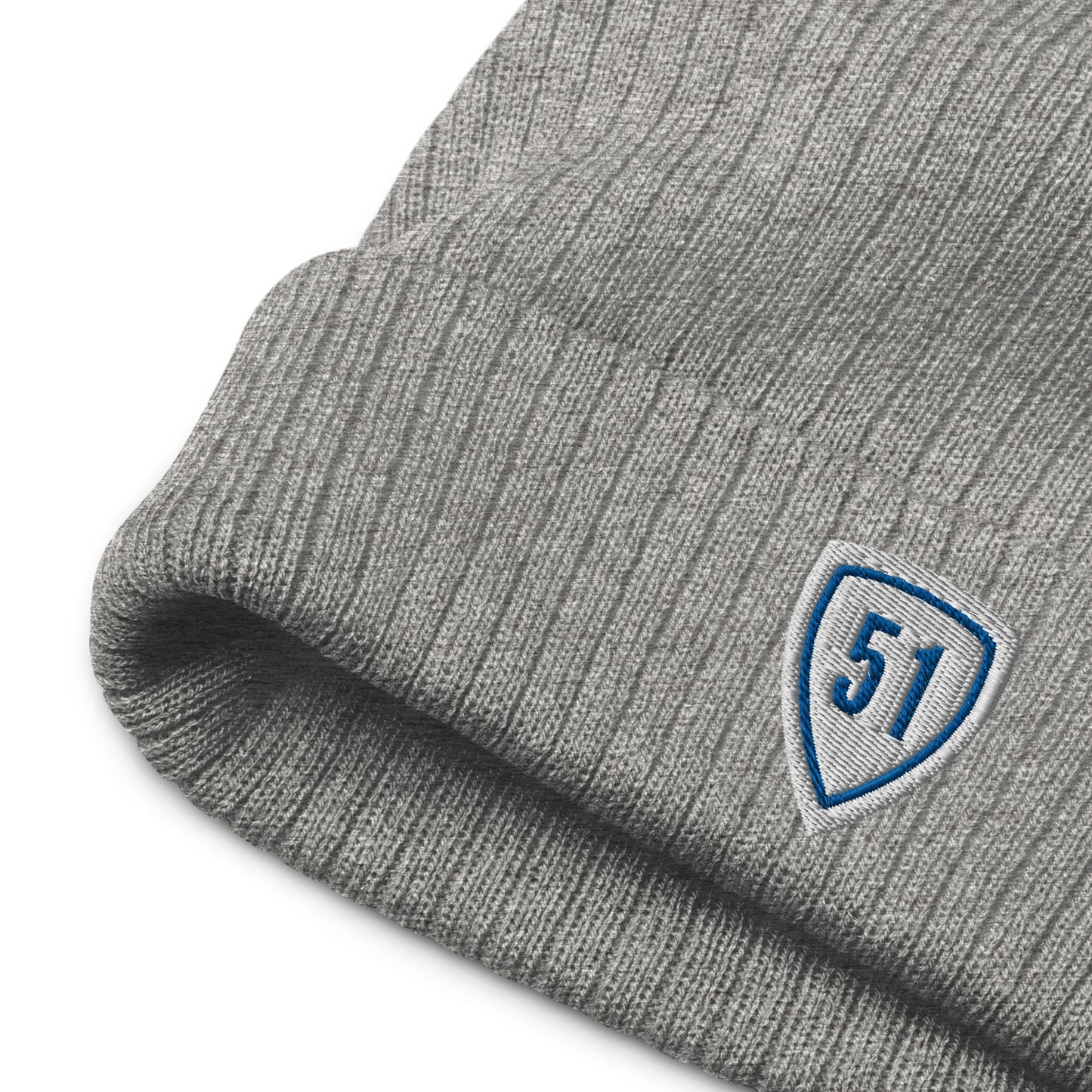 White/Blue Shield 51 Ribbed knit beanie