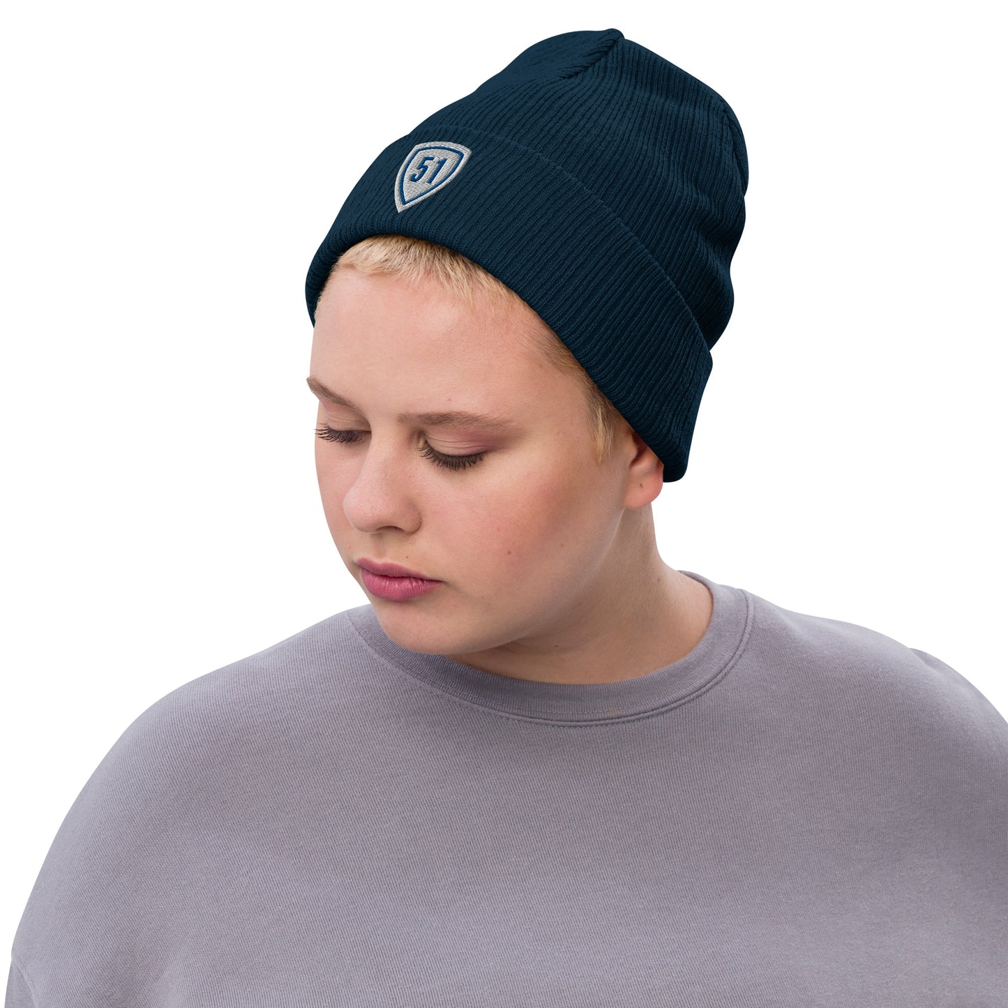 White/Blue Shield 51 Ribbed knit beanie