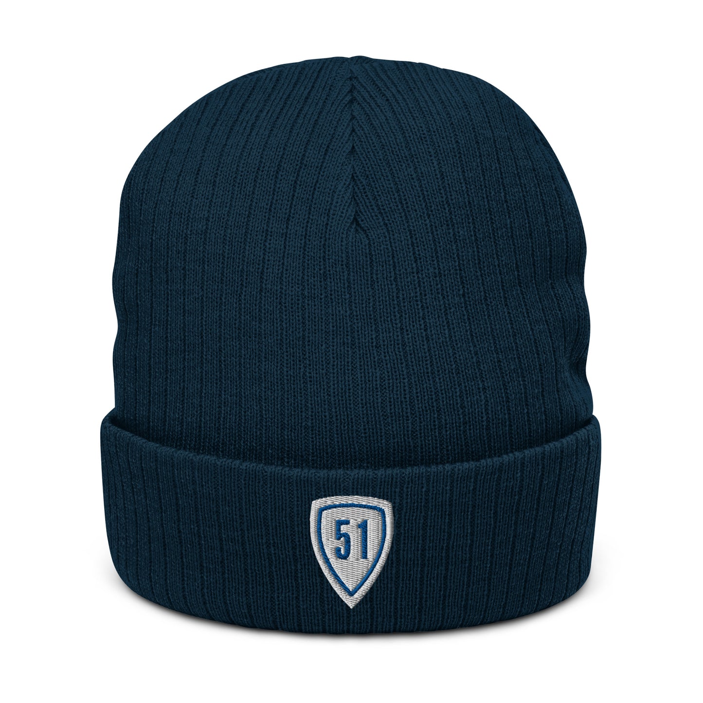 White/Blue Shield 51 Ribbed knit beanie