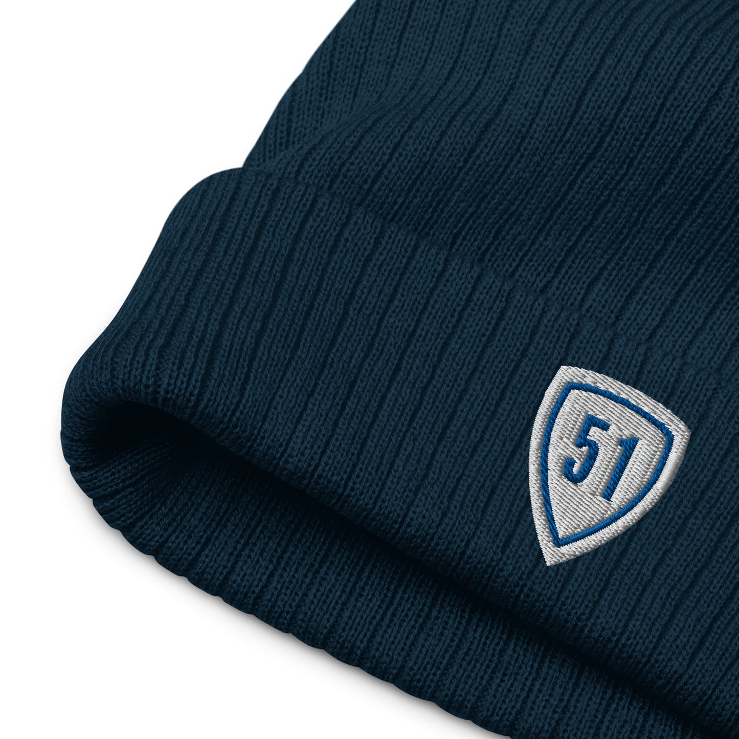 White/Blue Shield 51 Ribbed knit beanie